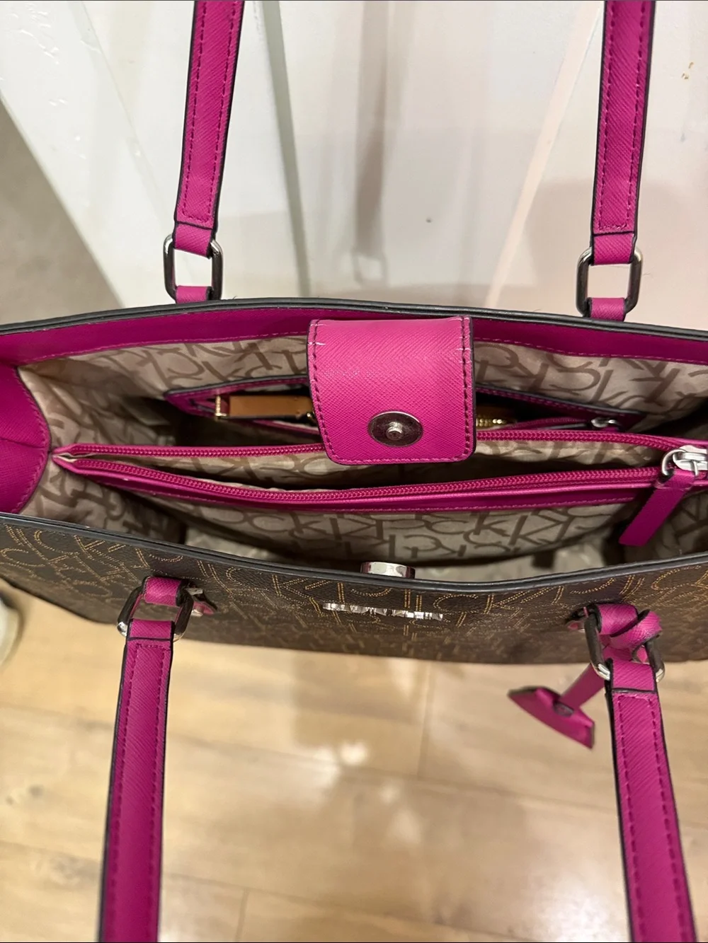 Calvin Klein Brown Monogram Tote with Fuchsia Trim